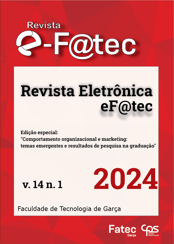					Visualizar v. 14 n. 1 (2024): Revista Eletrônica e-Fatec - Edição especial: "Comportamento organizacional e marketing: temas emergentes e resultados de pesquisa na graduação"
				